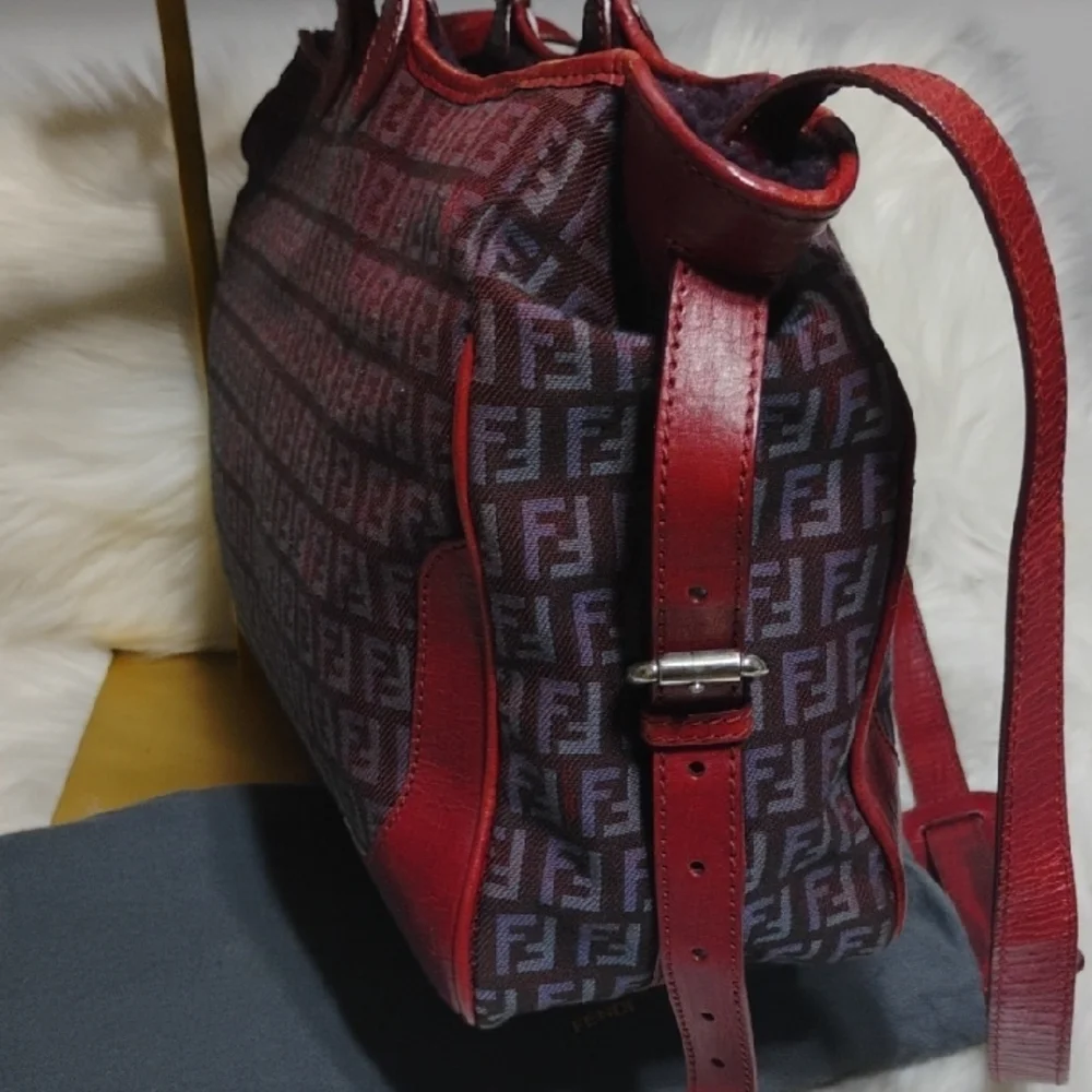 SALE! Fendi Zucchino Canvas Leather Purple/Red Color Combination 2Way & Dust Bag - Picture 7 of 16